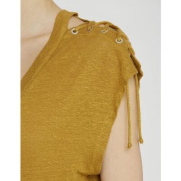IRO Tobacco Brown Yellow Linen Grommet Lace Up Shoulder Ibex Top EUC Size Small - Picture 2 of 10